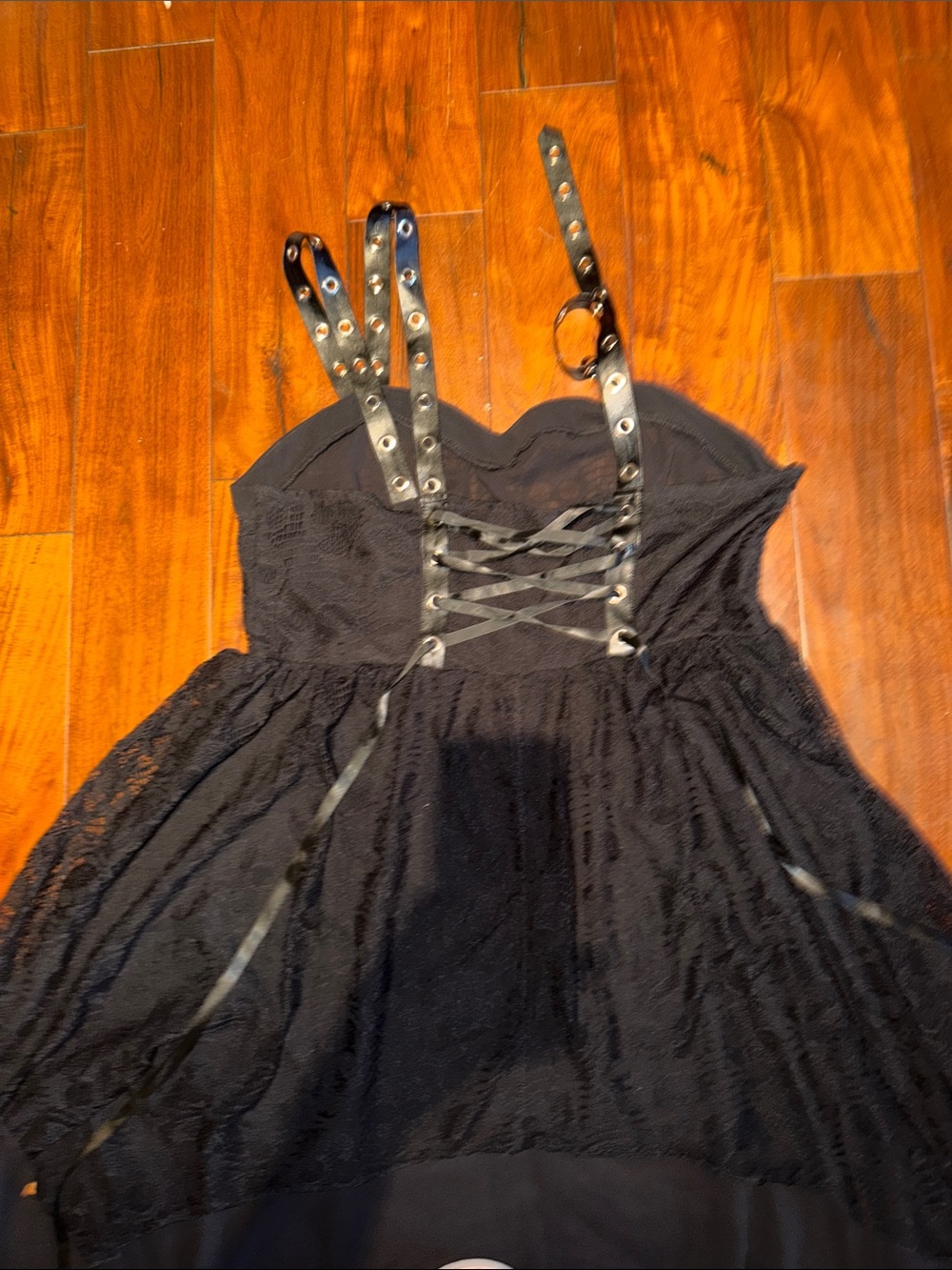 Rosegal Black Lace Handkerchief Hem Dress with Grommet Straps